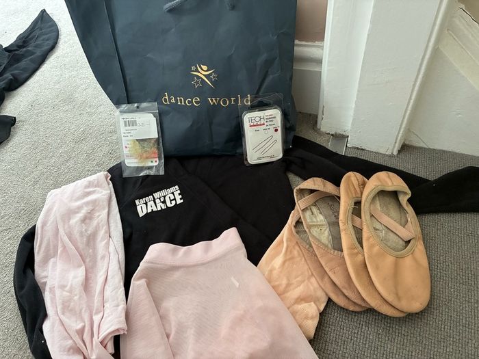 Ballet Shoes x 2; skirt; tights, socks, hair net, hair clips; Karen Williams Ballet Crossover Top