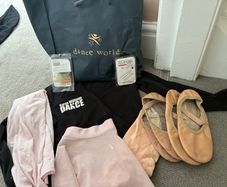 Ballet Shoes x 2; skirt; tights, socks, hair net, hair clips; Karen Williams Ballet Crossover Top