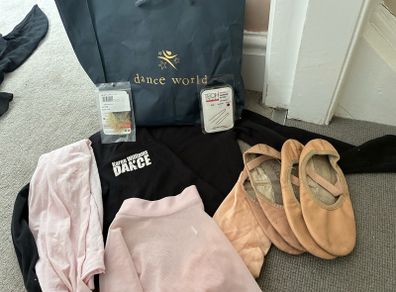 Ballet Shoes x 2; skirt; tights, socks, hair net, hair clips; Karen Williams Ballet Crossover Top
