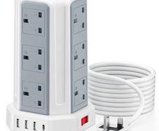 Tower Extension Lead with USB Slots 5M, 12 Way Outlets Multi Plug Extension Tower with 4 USB Slots (1 Type C & 3 USB Ports), Surge Protector Long Extension Lead tower for Home, Office, Kitchen