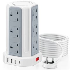 Tower Extension Lead with USB Slots 5M, 12 Way Outlets Multi Plug Extension Tower with 4 USB Slots (1 Type C & 3 USB Ports), Surge Protector Long Extension Lead tower for Home, Office, Kitchen