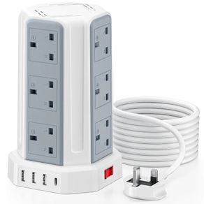 Tower Extension Lead with USB Slots 5M, 12 Way Outlets Multi Plug Extension Tower with 4 USB Slots (1 Type C & 3 USB Ports), Surge Protector Long Extension Lead tower for Home, Office, Kitchen