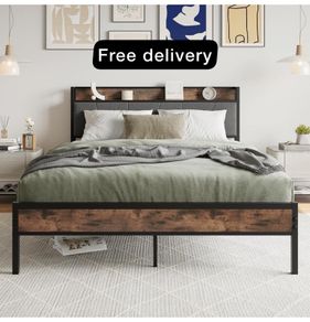 King Size Bed Frame with Wooden Storage Headboard