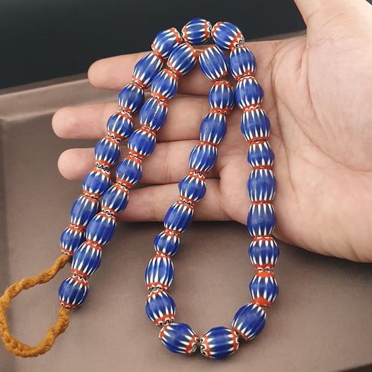 Antique Venetian Style Blue Chevron Glass Beads Necklace Strands