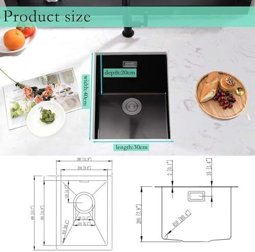 Black Steel Kitchen Sink 30x40cm Stainless Steel Undermount Single Bowl with Overflow, Drainer Fitting, Suitable for Topmount, Undermount, Flushmount Installation