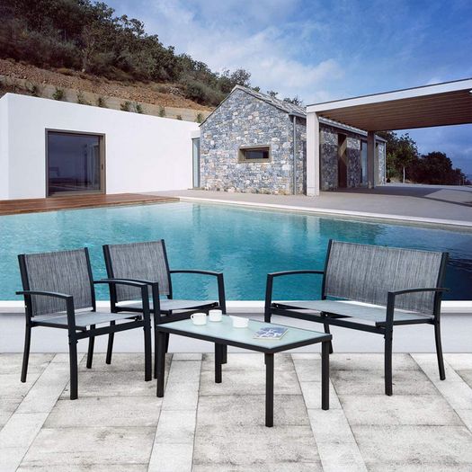 Garden furniture set of 4, seating group in the garden and balcony, garden set with three chairs and a glass table (black)