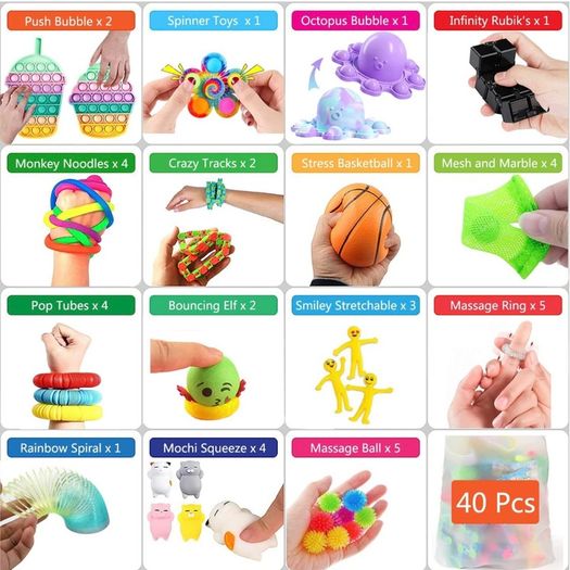 40 Pcs Fidget Toys Pack, Fidget Toy Sensory Set, Decompression Toy with Push Pop Bubble Infinite Cube, Stress Relieves Squeeze Poppet Toy for Adults Kids Party Favors Bags Fillers (FREE POSTAGE)