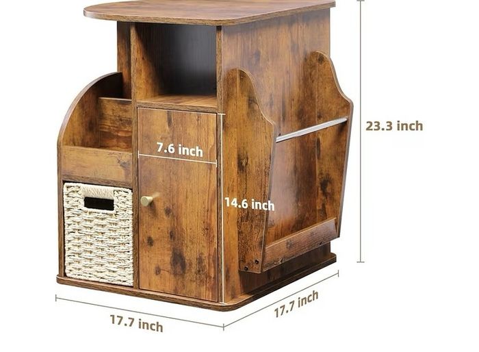 Rotating End Table with Storage, Rotating Side Table Living Room, Side Table with Magazine Holder, Basket and Cabinet, Sofa Side Farmhouse End Tables with Open Shelf (Rustic Brown)