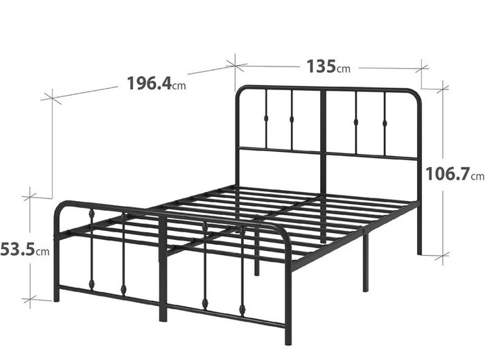 Double Bed Frame with Headboard - 4ft6 (135 x 190 cm) - 14'' Height - Metal Bed Base with Footboard - Steel Slat Support - Easy Assembly - Black