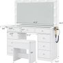 Vanity Desk with Power Outlet, 9 Drawers Makeup Vanity with Mirror and 12 LED Lights, 3 Lighting Modes, Glass Top Vanity Set, Fold-up Panel, Dressing Table for Bedroom, White Image 7