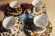 Potiron  SET OF 4 Coffee Espresso Cup Saucer White w/Brown Orange Yellow Abstract LOVELY Design