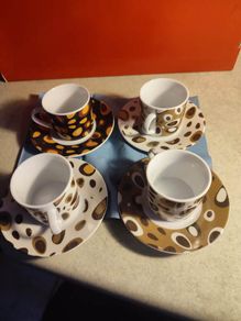 Potiron  SET OF 4 Coffee Espresso Cup Saucer White w/Brown Orange Yellow Abstract LOVELY Design
