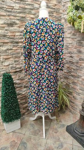 Vintage black floral A-line dress with detachable collar and belt size M or L