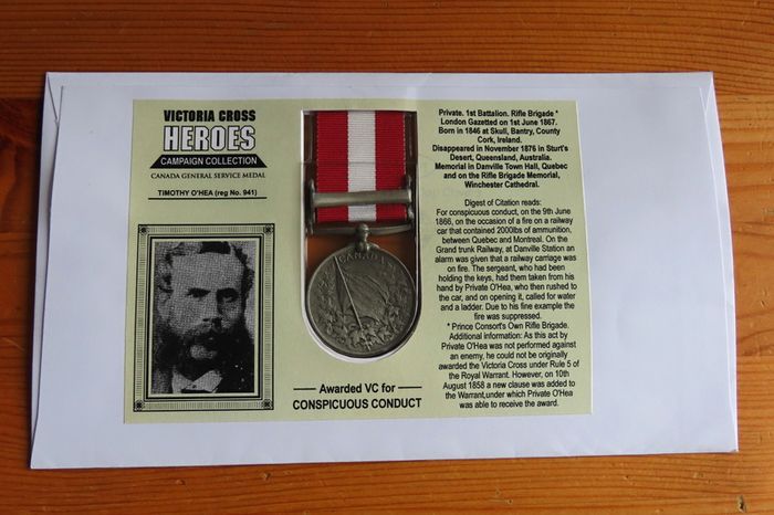 Fenian Raid Canada Medal 1866 Timothy O'Hea VC commemorative replica medal & 2010 stamp first day cover