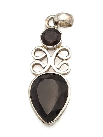 Vintage 925 Sterling Silver & Smoky Quartz Teardrop Scrollwork Pendant