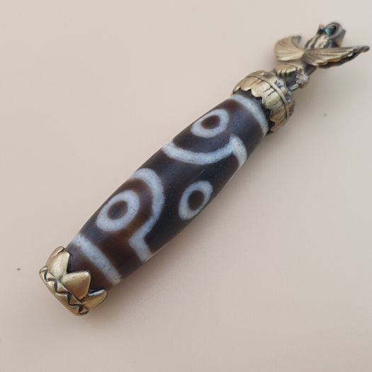 Vintage 6 Eyes Hiamalyan Tibetan Agate Bead Brass Pendant