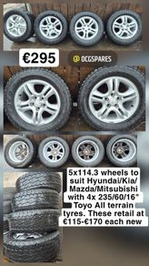 5x114.3 Wheels to suit Hyundai/Kia/ Mazda/Mitsubishi with 4x 235/60/16" Toyo All terrain tyres.