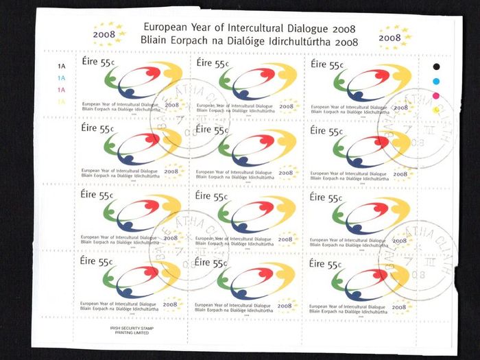 2008 Ireland European Year of Intercultural Dialogue Stamp Sheetlet Plate 1A1A1A1A  Fine CDS Used with Dublin cancel of 26th June 2009 (First day of issue)