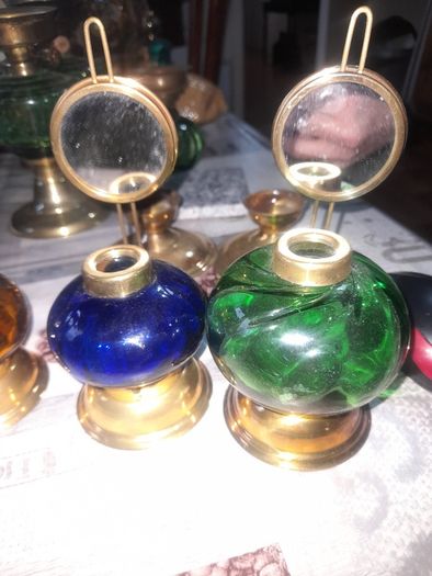 4 Beautiful Old Mirror Blue, Green, Brown Glass Oil Lamps, Postage Available