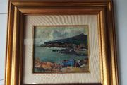 Oil painting of a harbour with boats