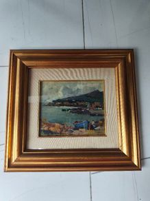 Oil painting of a harbour with boats