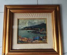 Oil painting of a harbour with boats