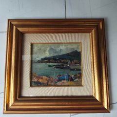 Oil painting of a harbour with boats