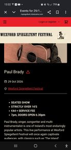 Gig Tickets _ Wexford Speigeltent Paul Brady 2 x Seated tickets 29Oct26