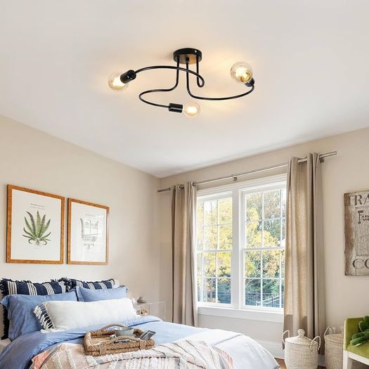 NEW SALE | Industrial Ceiling Light 3 Way, Semi-Flush Ceiling Light Black Metal E27 Base, Chandelier Ceiling Lighting Fixture for Bedroom Living Dining Room Hallway