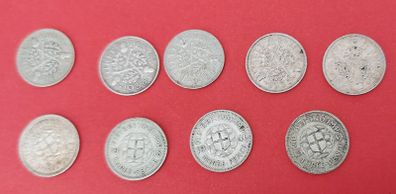 England 9 X 1920's 50% Silver Threeence Coins