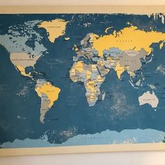 Large World Map Canvas Wall Art Blue Vintage Distressed Travel Map