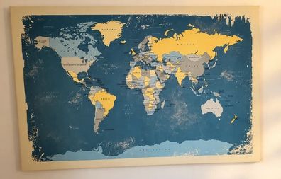 Large World Map Canvas Wall Art Blue Vintage Distressed Travel Map