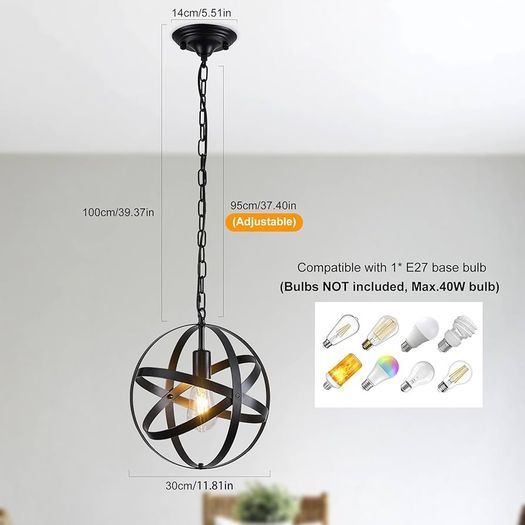 Pendant Light Industrial Globe Farmhouse Lighting Vintage Chandelier Spherical Hanging Ceiling Fixture for Kitchen Island Dining Table E27 Black 1 Light