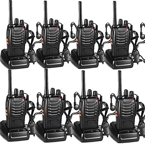8 Pack 88E Long Range Walkie Talkie USB Rechargeable 16CH Walky Talky Radio with Earpieces and LED Light Voice Prompt for Field Survival Biking and Hiking