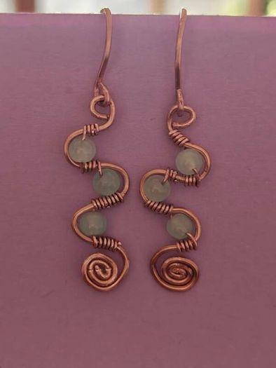 Handmade Copper Wire Wrapped Earrings, Milky Glass Beads, Boho Spiral Dangles