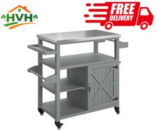 Garden serving cart rolling barbecue cart with stainless steel top 107x49.5x92.5cm Gray