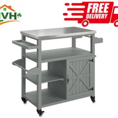 Garden serving cart rolling barbecue cart with stainless steel top 107x49.5x92.5cm Gray