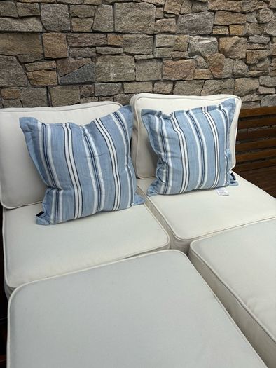 New 52cm x 52cm Oxford style Cambridge blue, French navy and white outdoor cushion