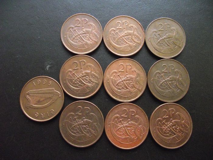 10 Irish 2 pence coins (1975-2000) Nice condition.