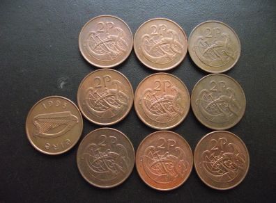 10 Irish 2 pence coins (1975-2000) Nice condition.