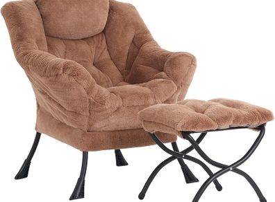 Armchair with Footstool, Lazy Chair with Ottoman Leisure Accent Chair Relax Lounge Chair with Armrests & Side Pocket for Living Room, Bedroom & Small Spaces Armchair, Plush Brown