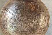 Vintage Small Brass Elevated Hanging Bowl with Embossed Flying Mallards