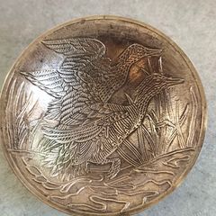 Vintage Small Brass Elevated Hanging Bowl with Embossed Flying Mallards