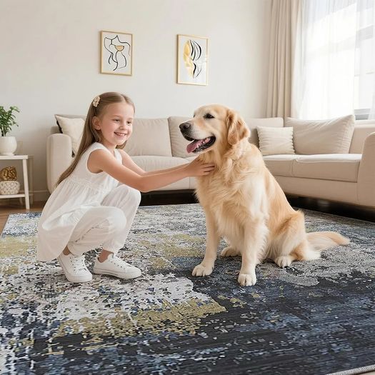Living Room Rug  Modern Abstract Low Pile Area Carpet Non Slip Washable Mat for Bedroom Hallway Kitchen Laundry  Entryway Utility Beside Sofa Office Blue Gold