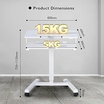 65 by 45cm Mobile Computer Workstation, Height Adjustable Laptop Stand 72 by 112cm, Portable Desk on Wheels, Compact White Study Desk, Movable Side Table, Small Standing Desk, Office Workstation