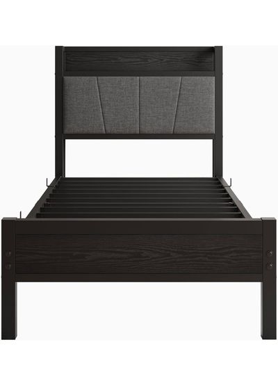 3ft Single Bed Frame with Storage Headboard,Heavy Duty Metal Upholstered Platform Bed Frame,Mattress Foundation/Strong Steel Slat Support/Under-bed Storage/Easy Assembly/Black