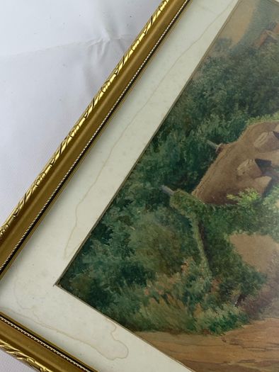 Vintage watercolour of thatched cottage