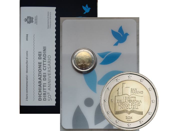 San Marino 2 Euro Base Metals Brilliant Uncirculated Coin 2024 - 50th Anniversary of the Declaration of the Rights of Citizens and Fundamental Principles of the San Marino Constitution