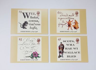 Royal Mail Stamp postcards "Robert Burns" 25th of January 1996  4 postcards