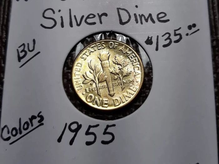 Rainbow Toned Gold Color Silver Coin 1955    Roosevelt  Dime  BU   D-5